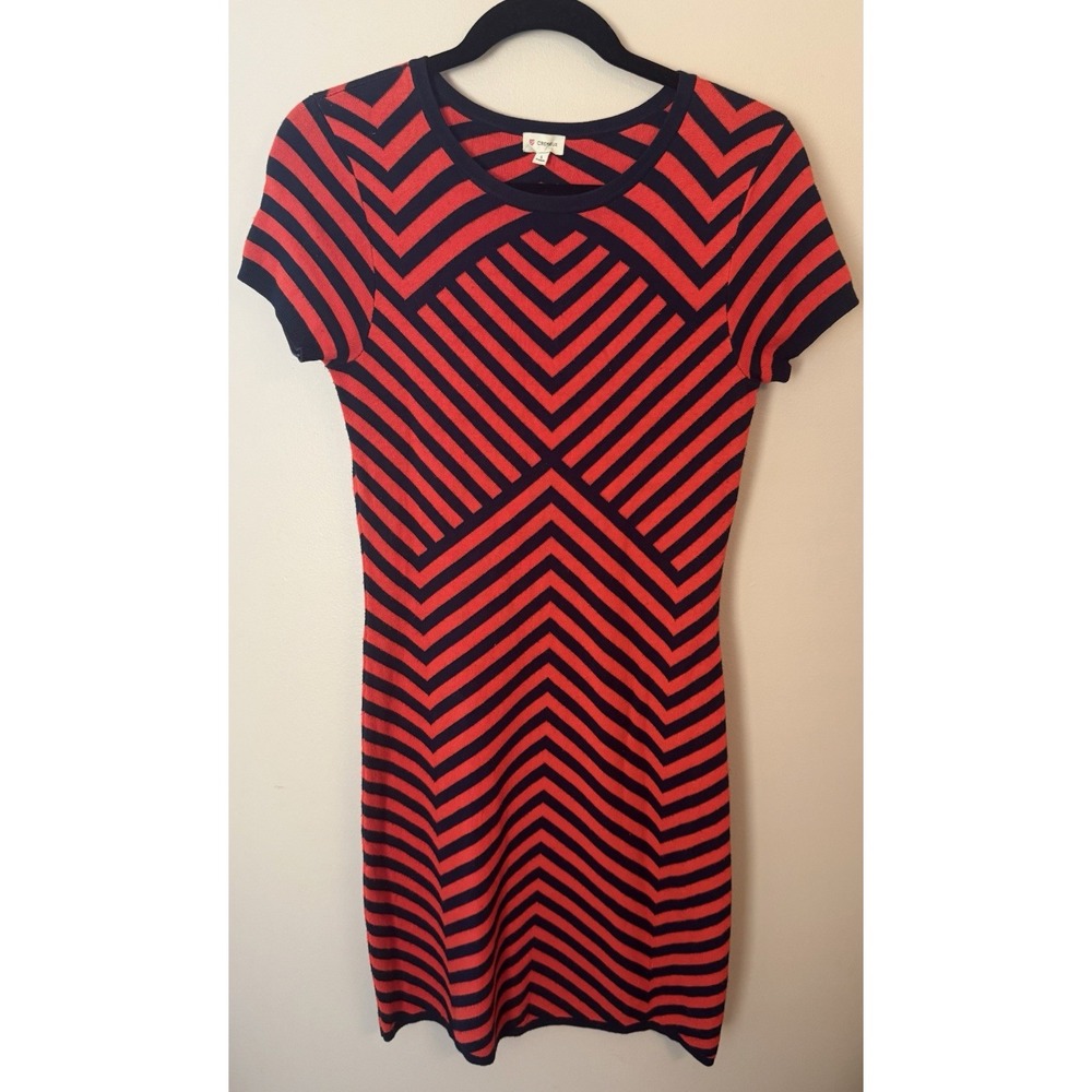 Cremieux Red Navy Chevron Sweater Dress Viscose Nylon Short Sleeve Knee Length S